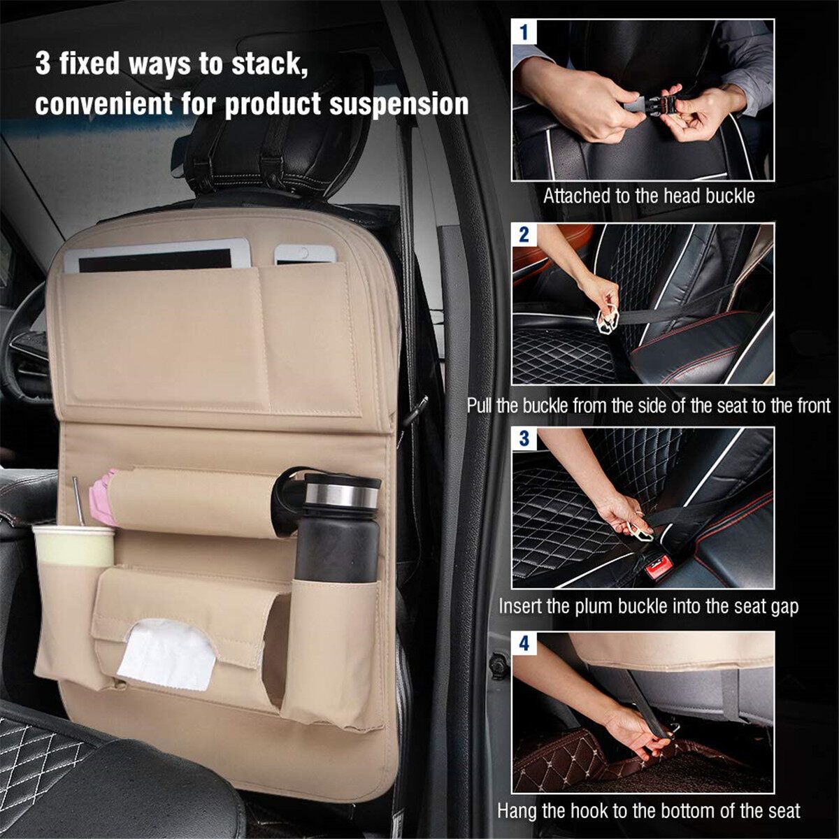 Car Storage Organizer Seat Back Protector 8 Pockets Kid Tablet Holder Tissue Box White