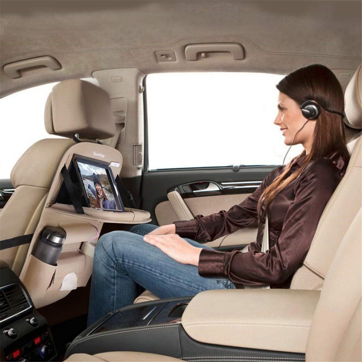 Car Storage Organizer Seat Back Protector 8 Pockets Kid Tablet Holder Tissue Box White
