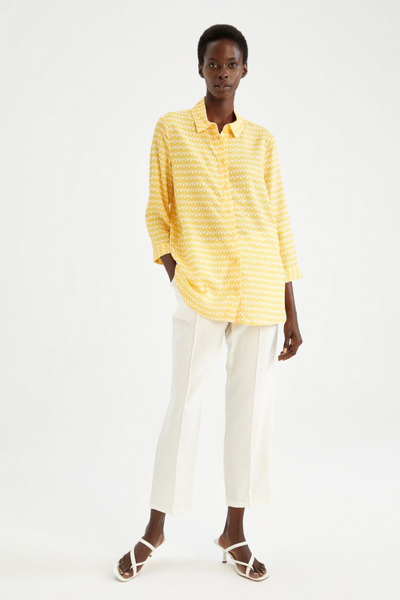 Woman Regular Fit Shirt Neck Woven Tunic-Yellow