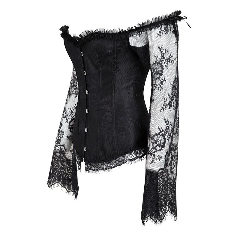 Black Corset Top Waist Tummy Body Shaper Lace Women Long Sleeve Plus Size