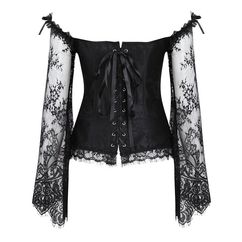 Black Corset Top Waist Tummy Body Shaper Lace Women Long Sleeve Plus Size