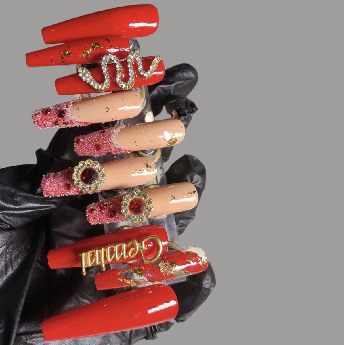Prom Queen Red With Zodiac Design - 10 Pcs Luxury Press On Nails+kit