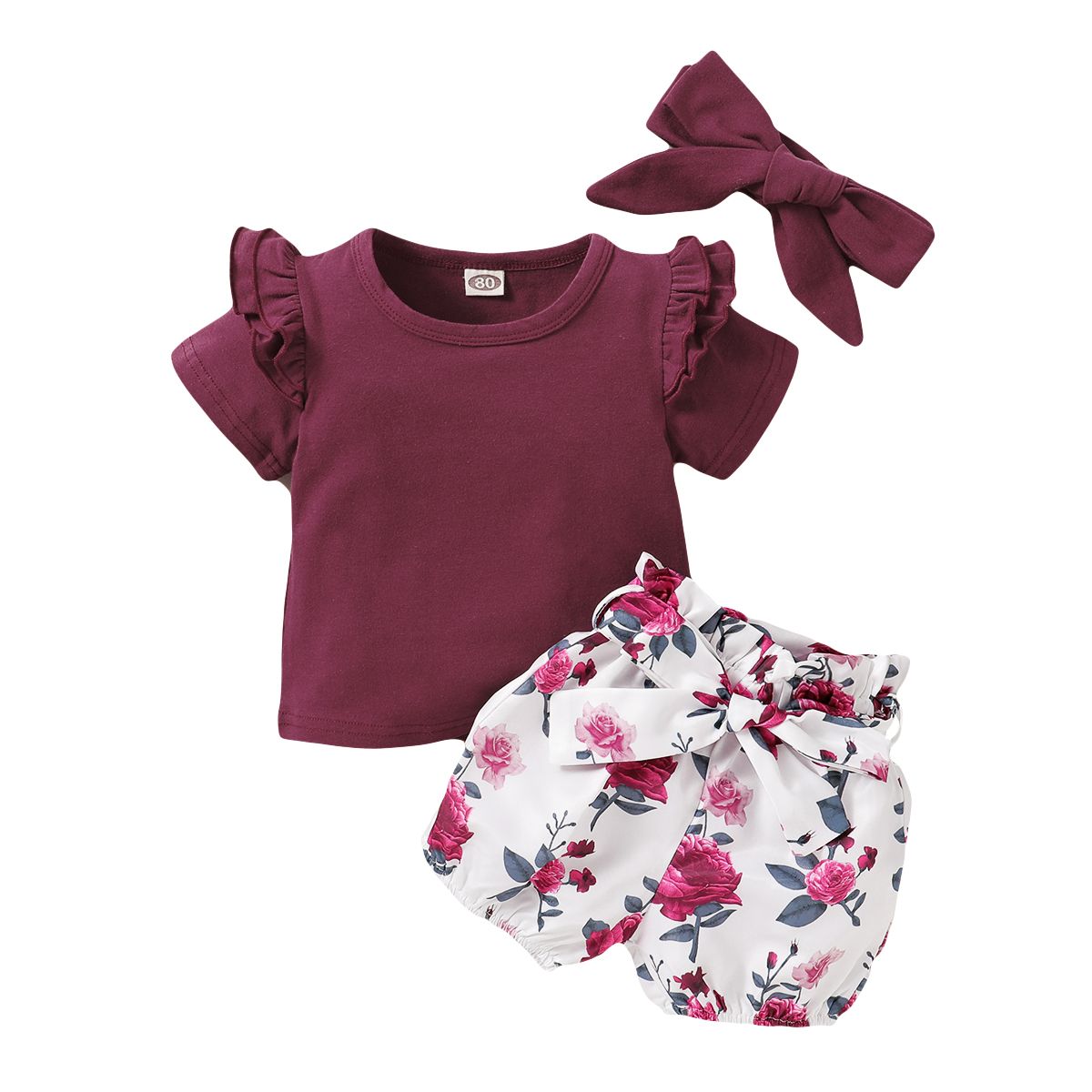 Baby Girls Outfit Short Sleeve Red Shirt + Floral Print Shorts + Headband