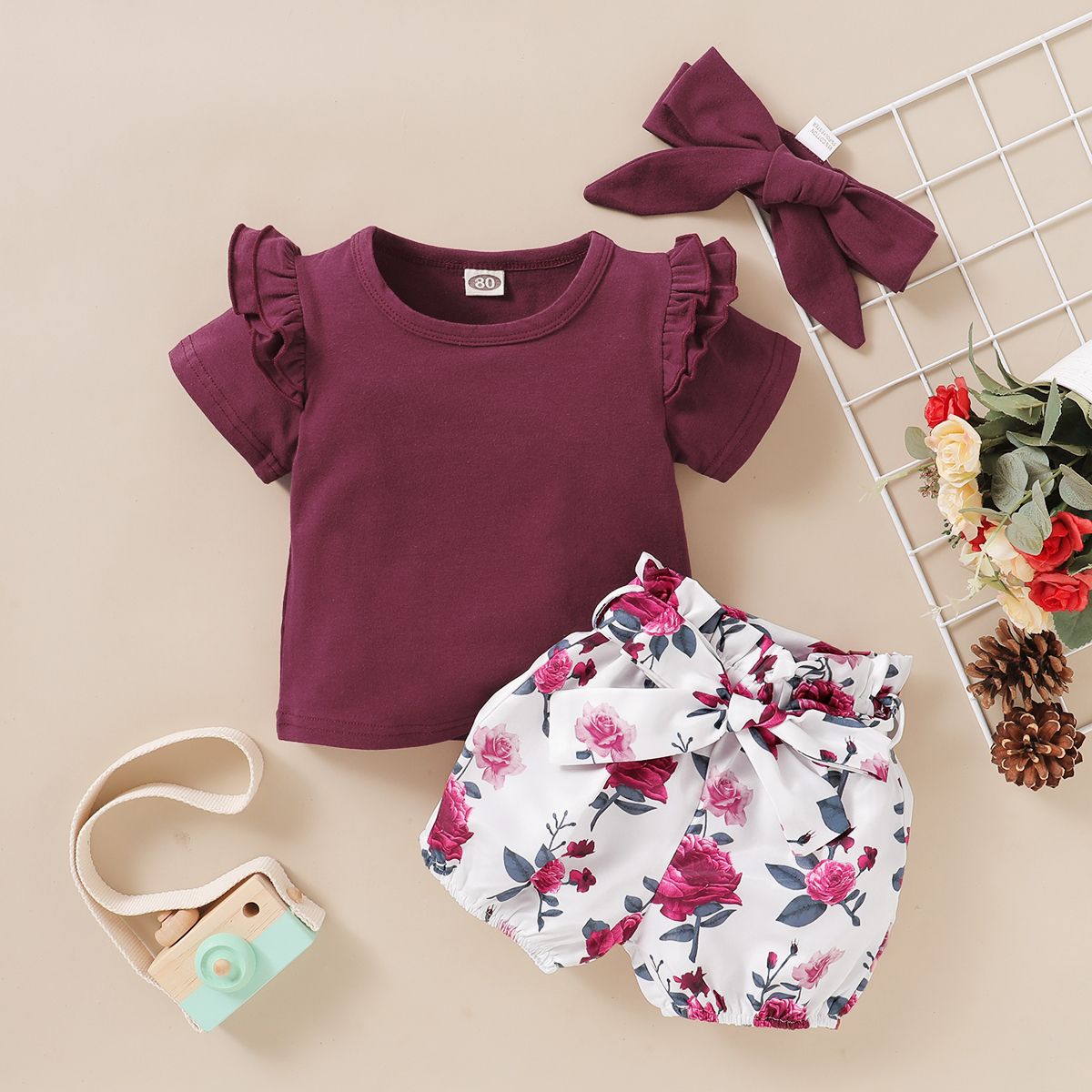 Baby Girls Outfit Short Sleeve Red Shirt + Floral Print Shorts + Headband