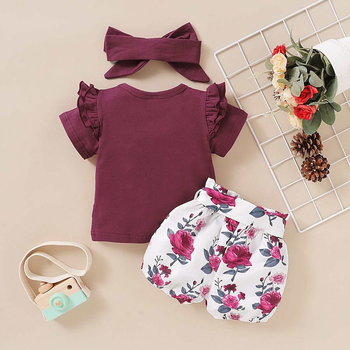Baby Girls Outfit Short Sleeve Red Shirt + Floral Print Shorts + Headband