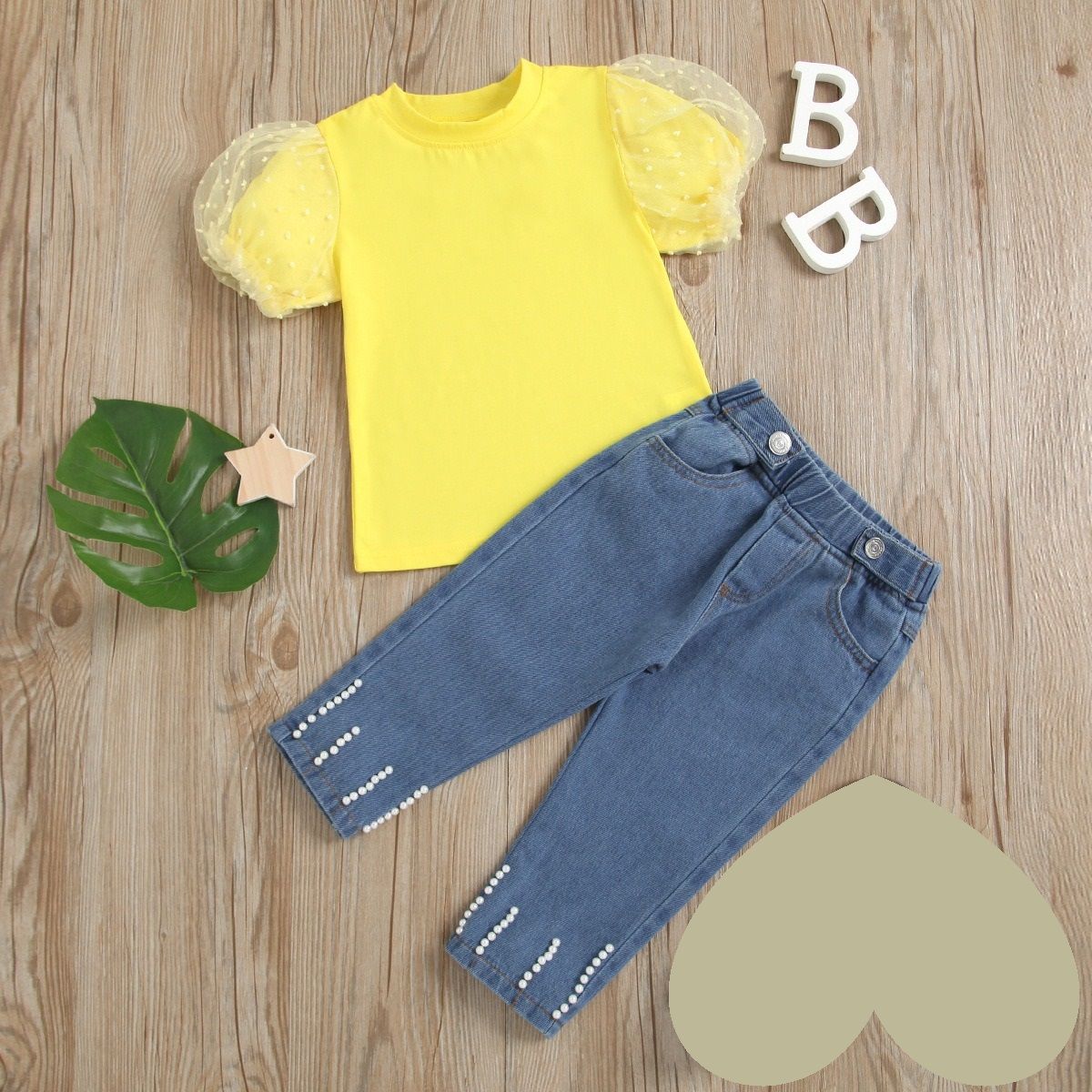GIRLS BIRTHDAY FASHION 2PSC SET PUFF TOP + STUDDED JEANS  - YELLOW/BLUE