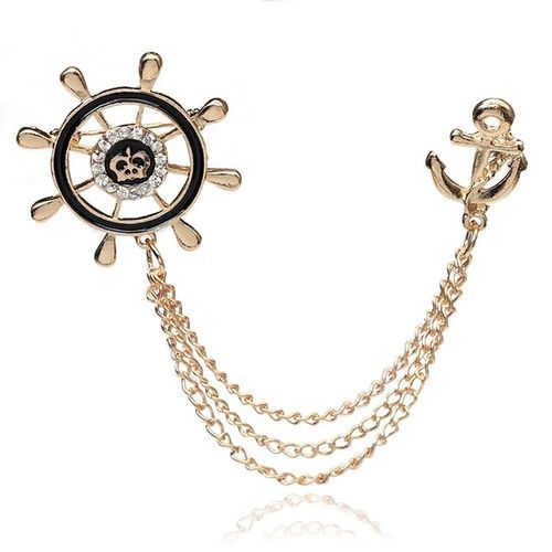 Brooch Pin Anchor Rudder Suit Lapel Collar Accessory With Chain - Gold