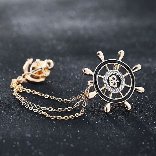 Brooch Pin Anchor Rudder Suit Lapel Collar Accessory With Chain - Gold