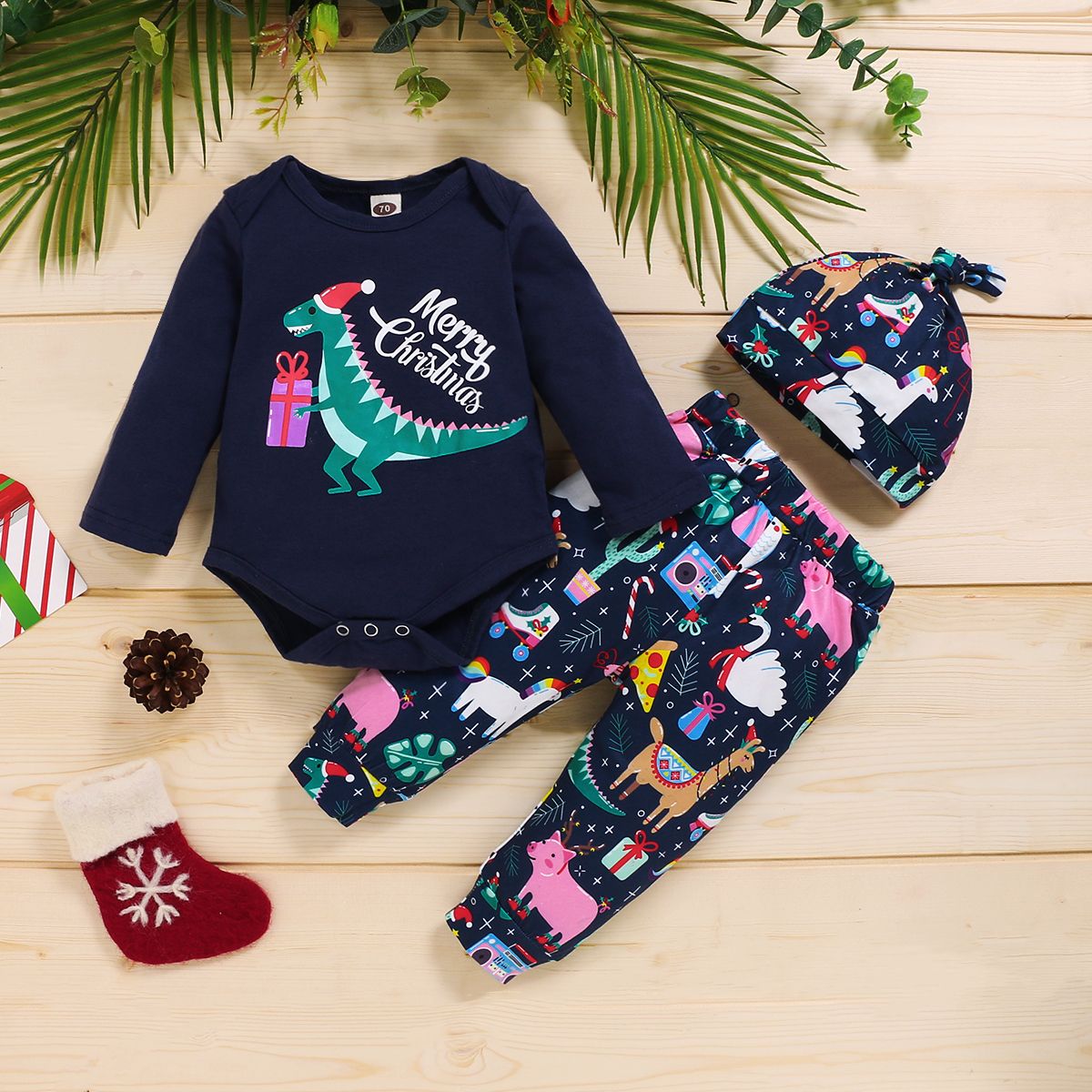 Baby Boys XMAS Cartoon Dinosaur Design Long Sleeve Christmas Clothes Set -Blue