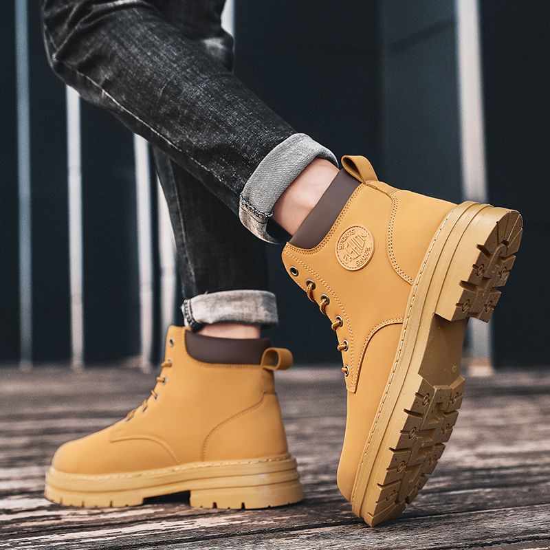 Motorcycle Boots Men High-top Shoes Fashion Trend All-match Leather Martin Boots For Man Outdoor Casual Work Shoes Lace-Up Male Winter Ankle Boots Brown