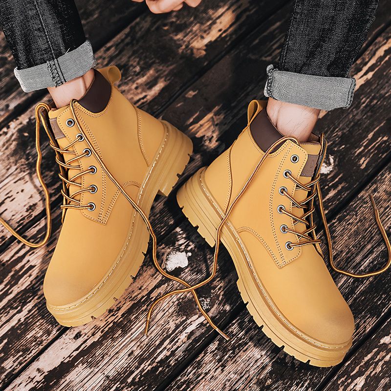 Motorcycle Boots Men High-top Shoes Fashion Trend All-match Leather Martin Boots For Man Outdoor Casual Work Shoes Lace-Up Male Winter Ankle Boots Brown