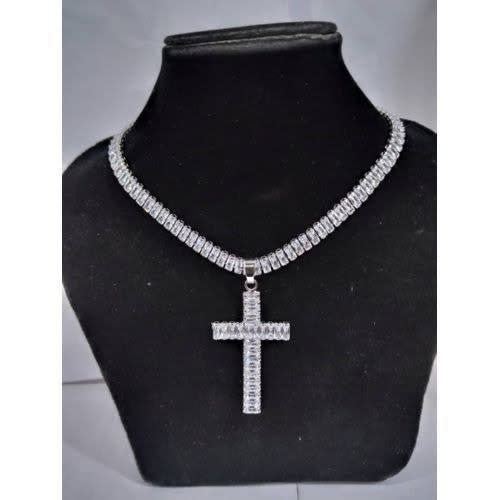 Tennis Cuban Link Chain With Cross Pendant