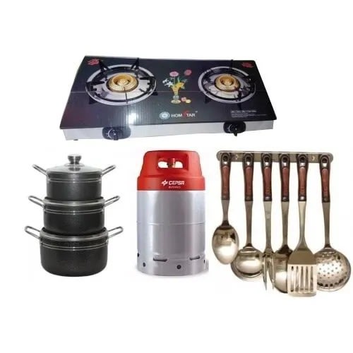 Table Glass Double Top Gas Cooker + Set Of 3 Non Stick Pot +12kg Gas