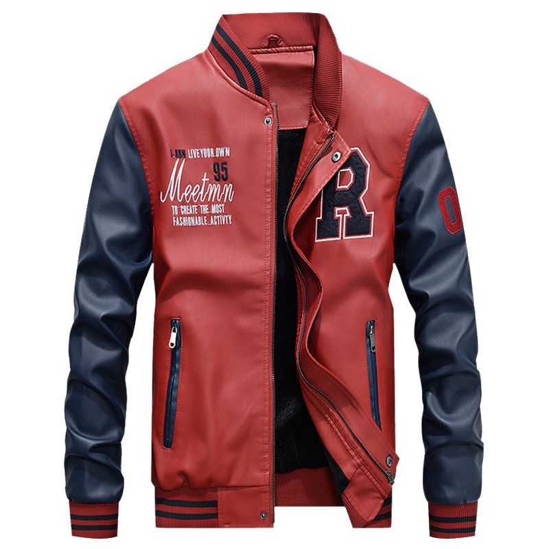 Men's Faux Leather Jacket - Casual Weather Jacket - Red/Blue