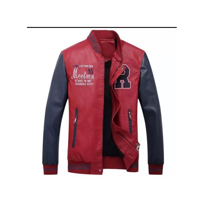 Men's Faux Leather Jacket - Casual Weather Jacket - Red/Blue