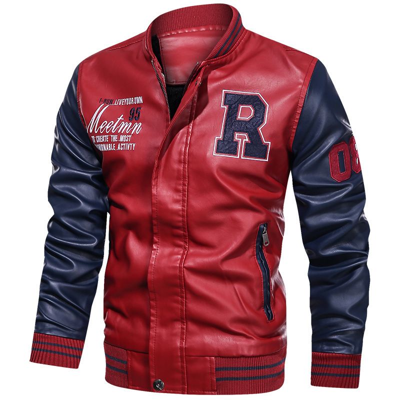 Men's Faux Leather Jacket - Casual Weather Jacket - Red/Blue