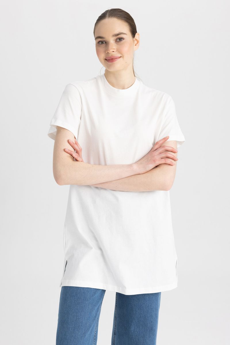 Woman Regular Fit Bike Neck Knitted Short Sleeve Tunic - Ecru