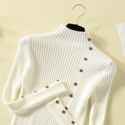 Women Turtle Neck Knit Slim Fit Sweater Casual Long Sleeve Jumper Tops Button Decor - White
