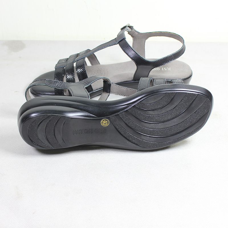 Genuine Leather Shoes Ladies Low Heel Sandals-Black