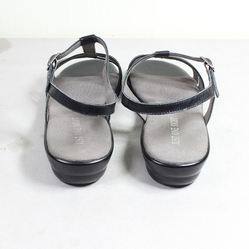 Genuine Leather Shoes Ladies Low Heel Sandals-Black