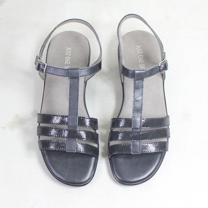 Genuine Leather Shoes Ladies Low Heel Sandals-Black