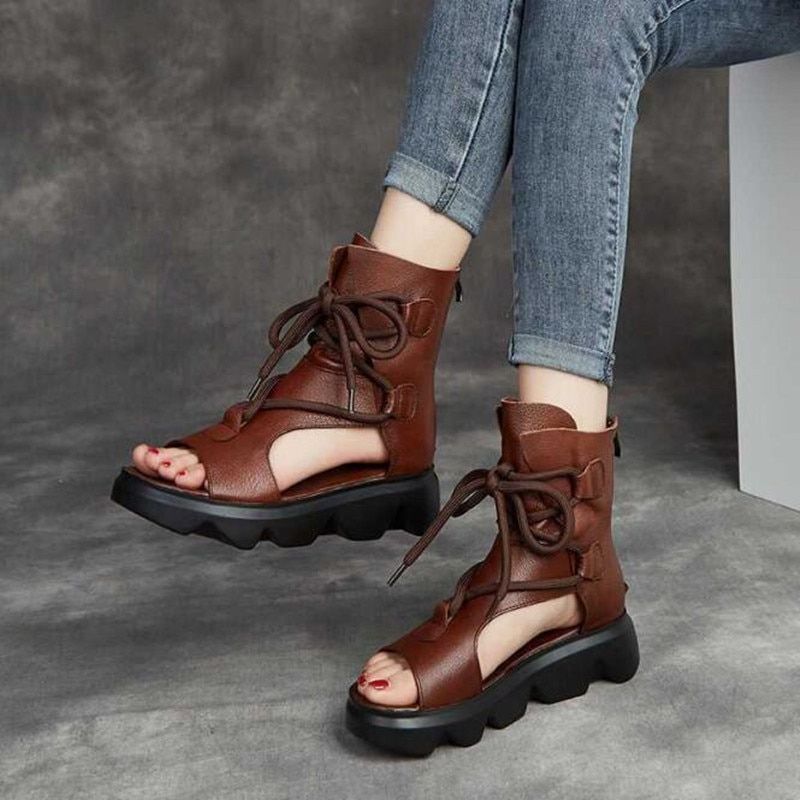 2021 Summer Women Boots Casual Ankle Boots Genuine PU Leather Cut-outs Sandals Retro Handmade Black Women's Shoes Flat Sandals