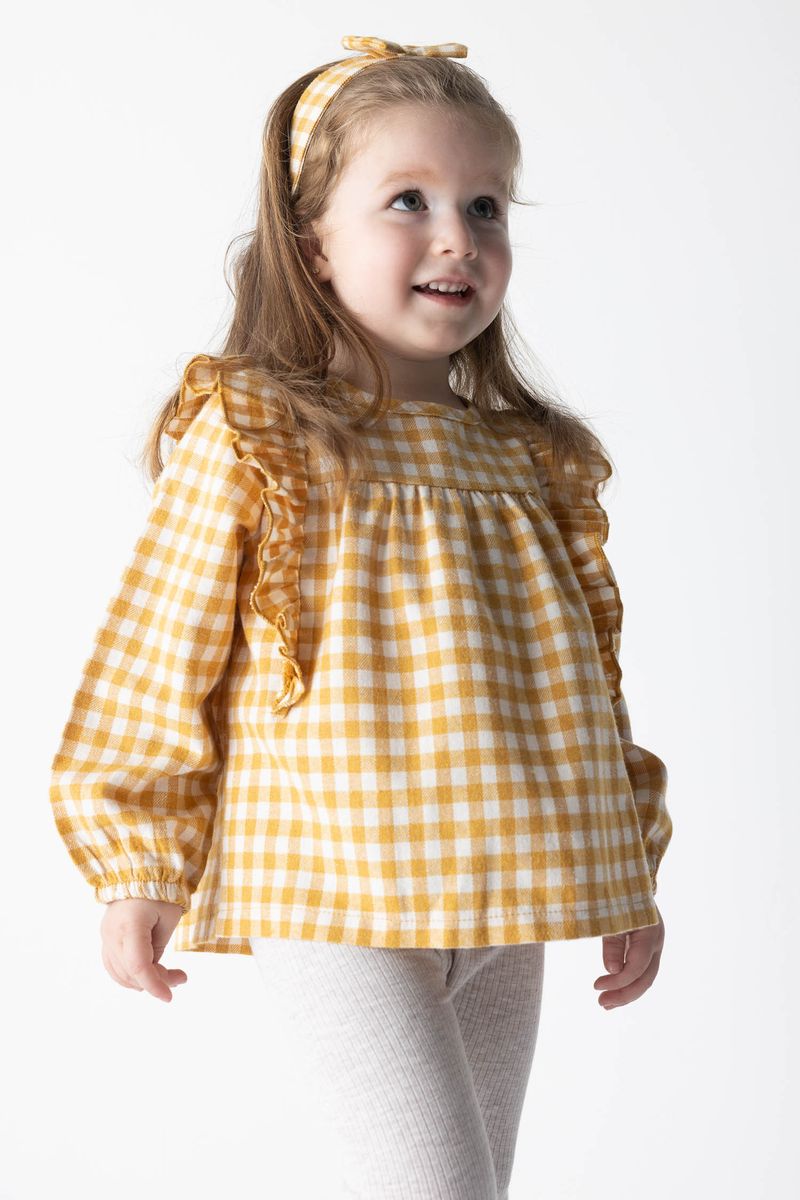 BabyGirl Casual Regular Fit Bike Neck Woven Long Sleeve Shirt - Yellow