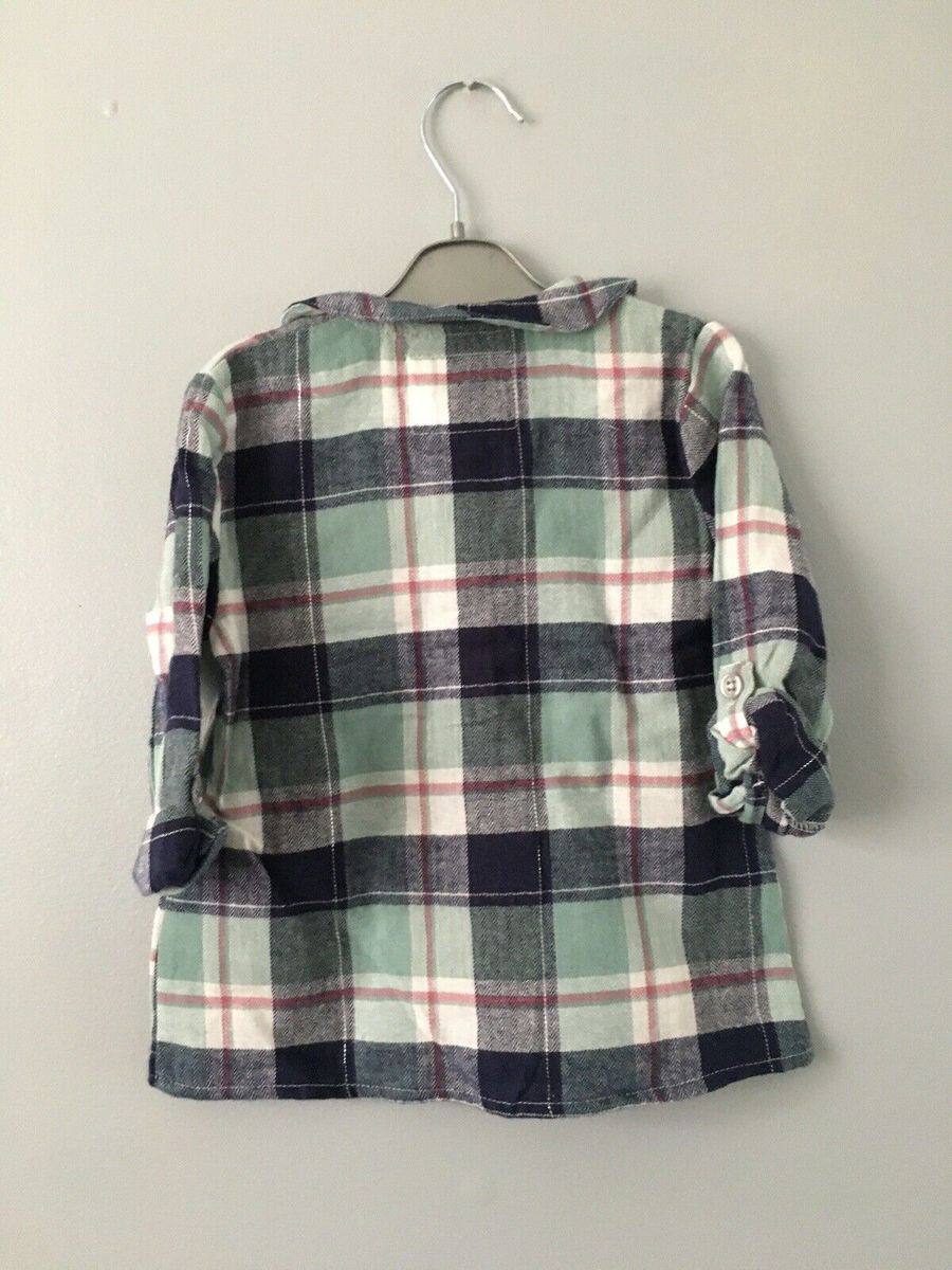 Baby Girls Plaid Embroidery Roll Up Sleeve Shirt