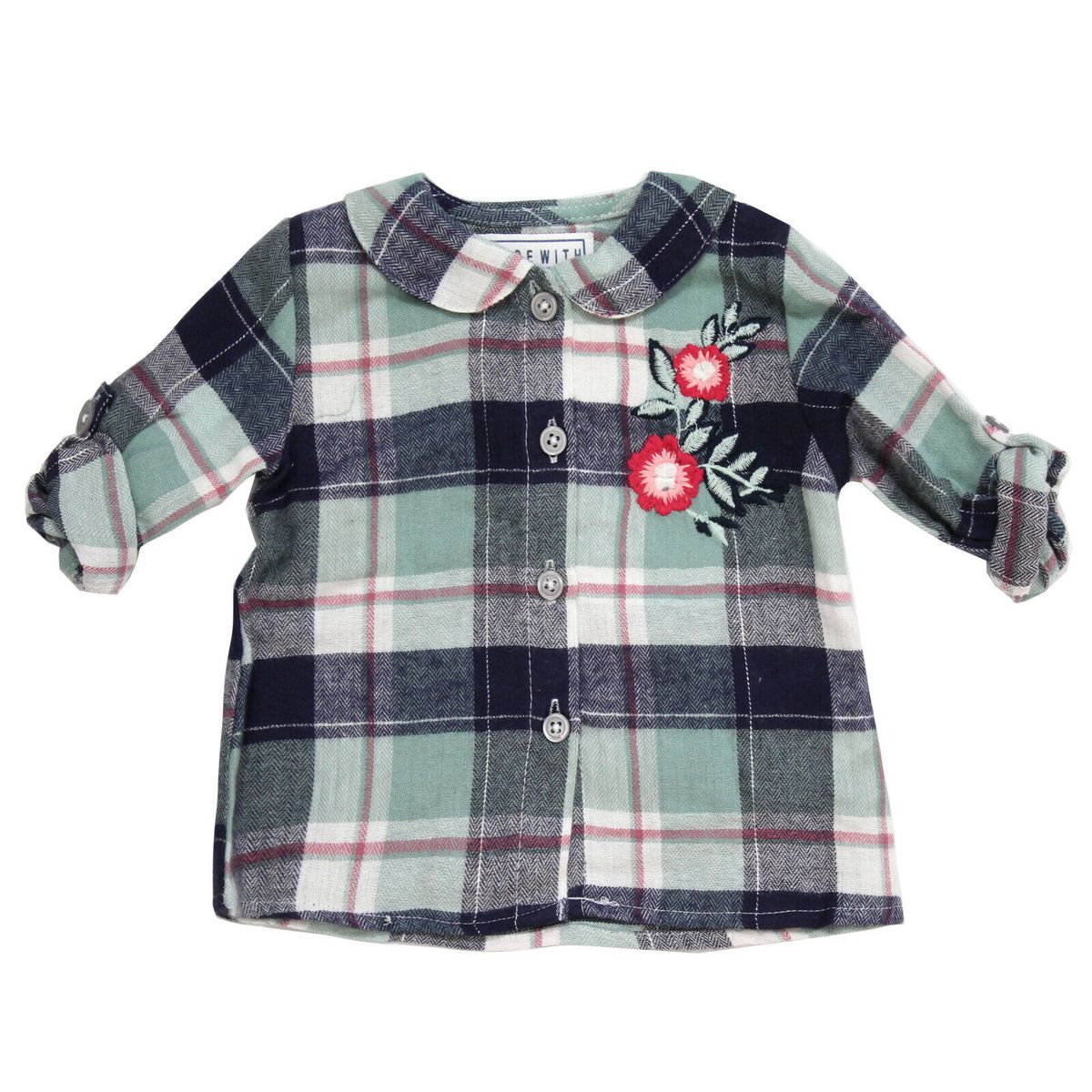 Baby Girls Plaid Embroidery Roll Up Sleeve Shirt