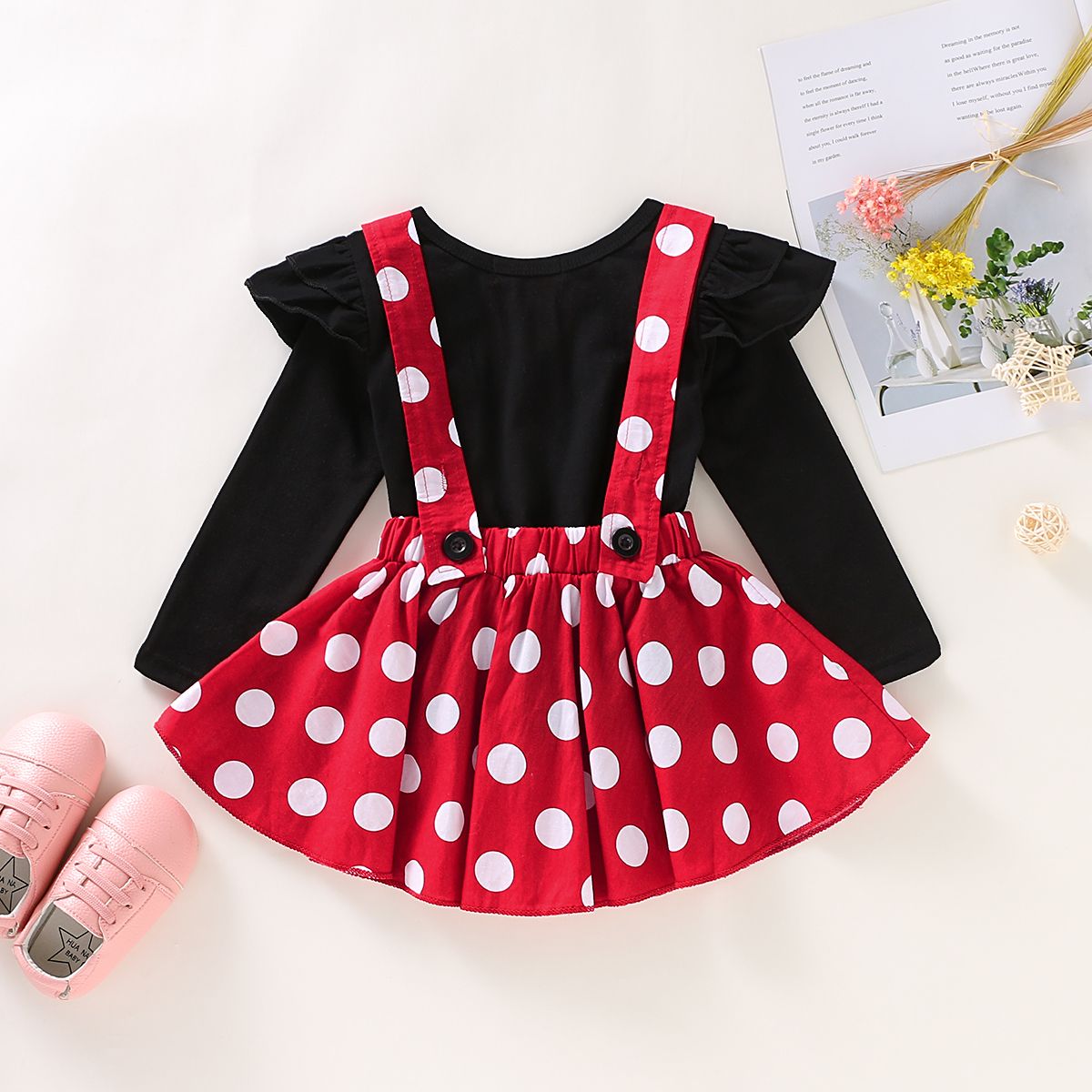 Baby Girls Long Sleeves Shirt Polka Dot Red Suspender Skirt