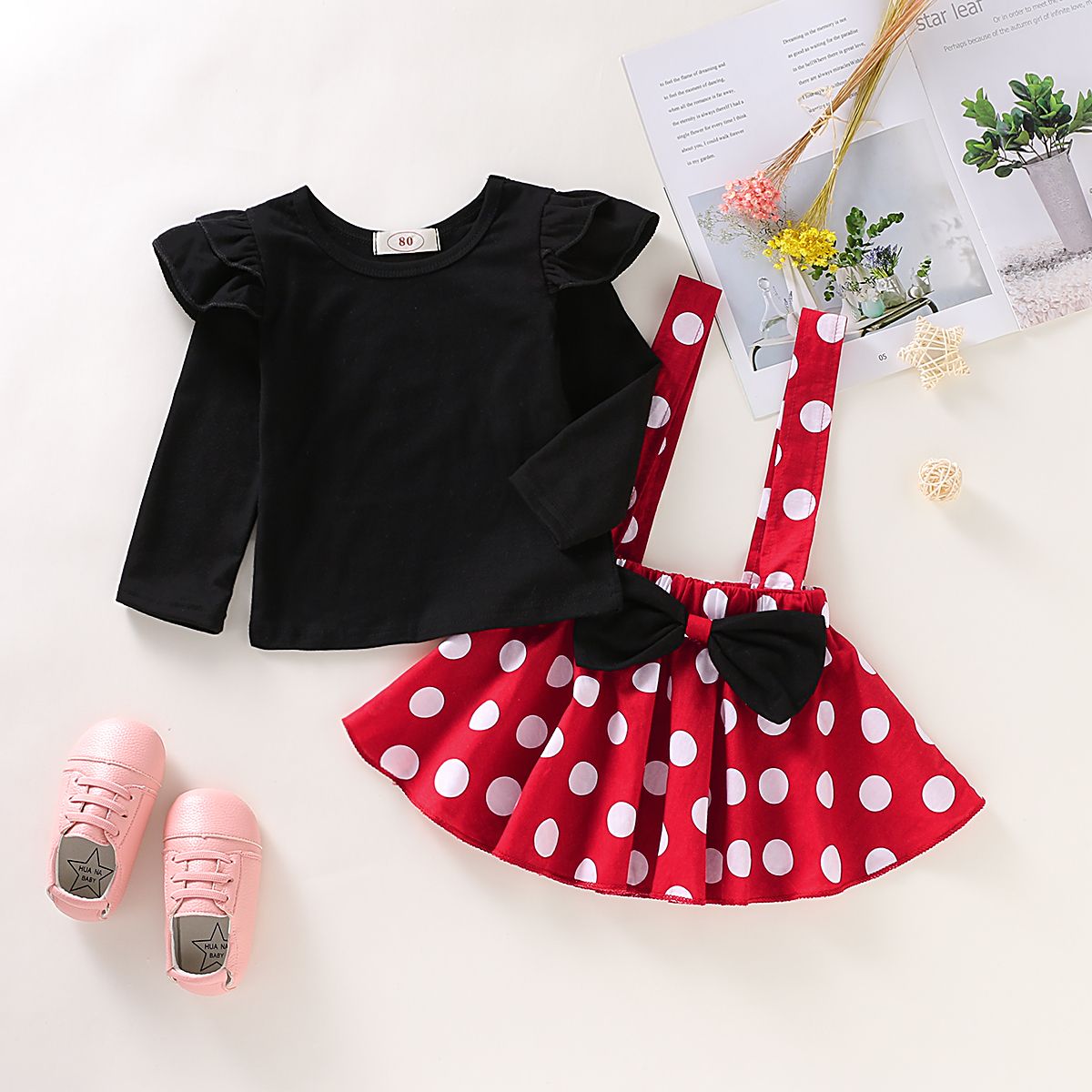 Baby Girls Long Sleeves Shirt Polka Dot Red Suspender Skirt