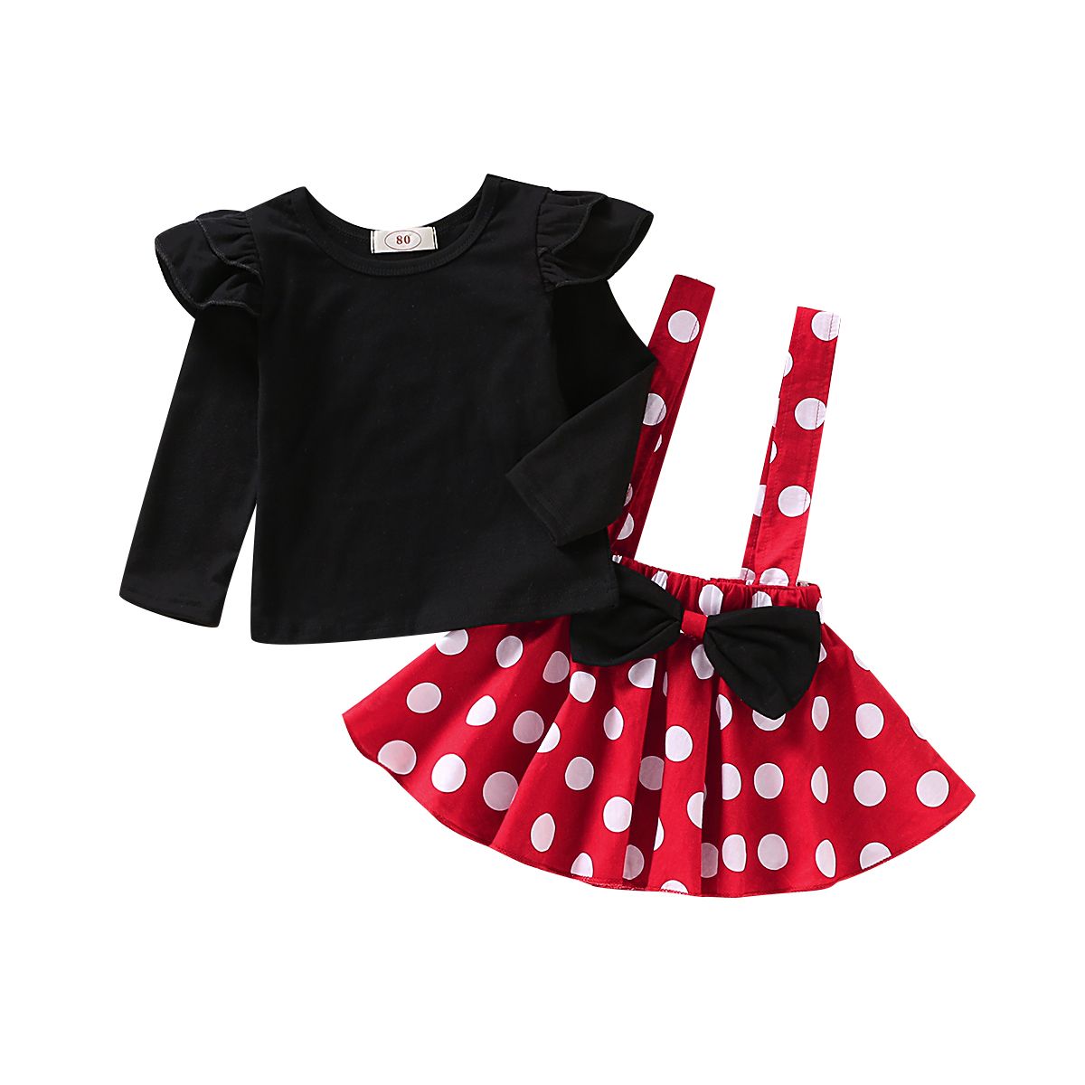 Baby Girls Long Sleeves Shirt Polka Dot Red Suspender Skirt