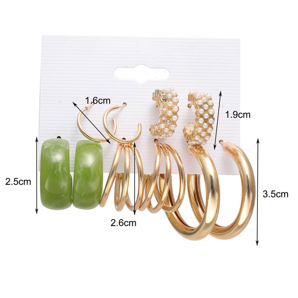5 Pairs Hoop Earrings Round Shape Faux Pearls Metal-Golden