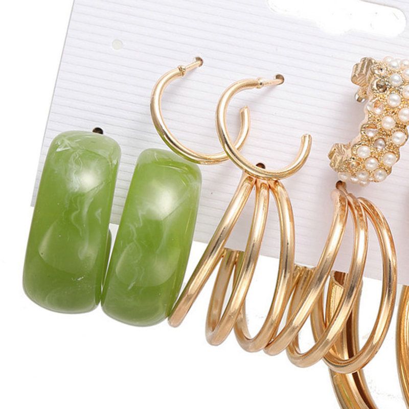 5 Pairs Hoop Earrings Round Shape Faux Pearls Metal-Golden