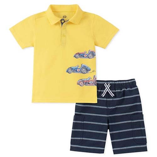 Two Pcs Vintage Race Cars Polo Shorts Set
