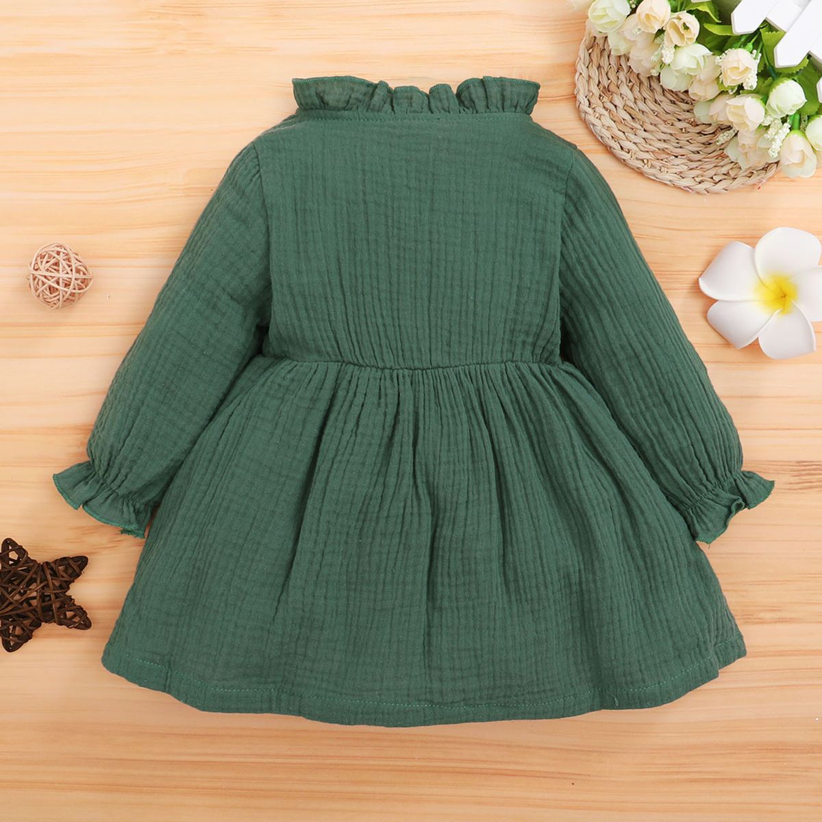 Baby Girls Autumn Winter Long Sleeve Green Cotton Dress With Bow