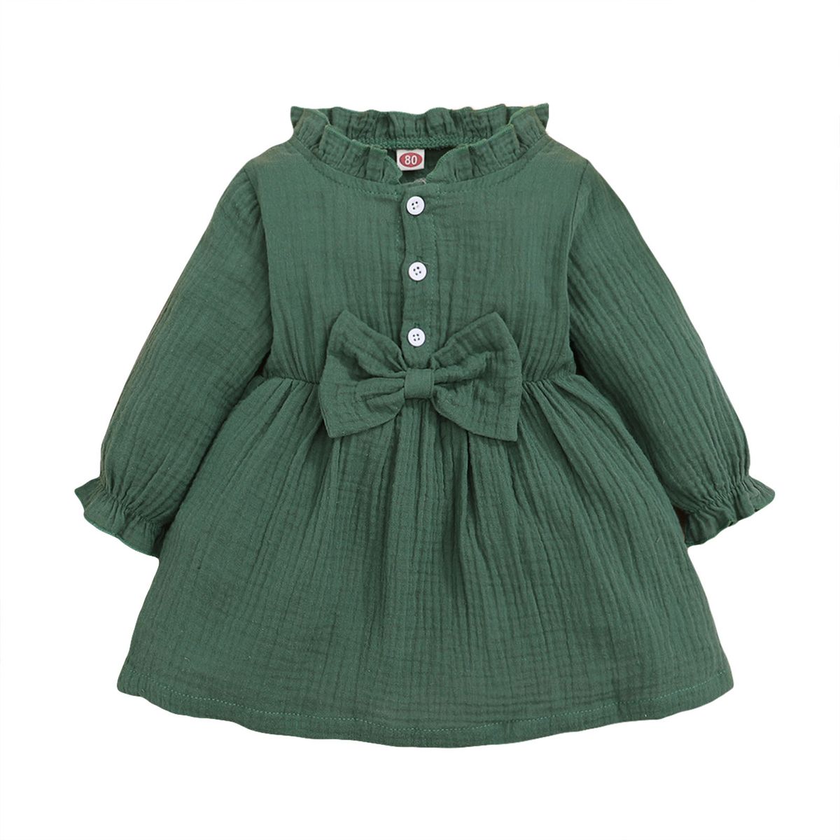 Baby Girls Autumn Winter Long Sleeve Green Cotton Dress With Bow