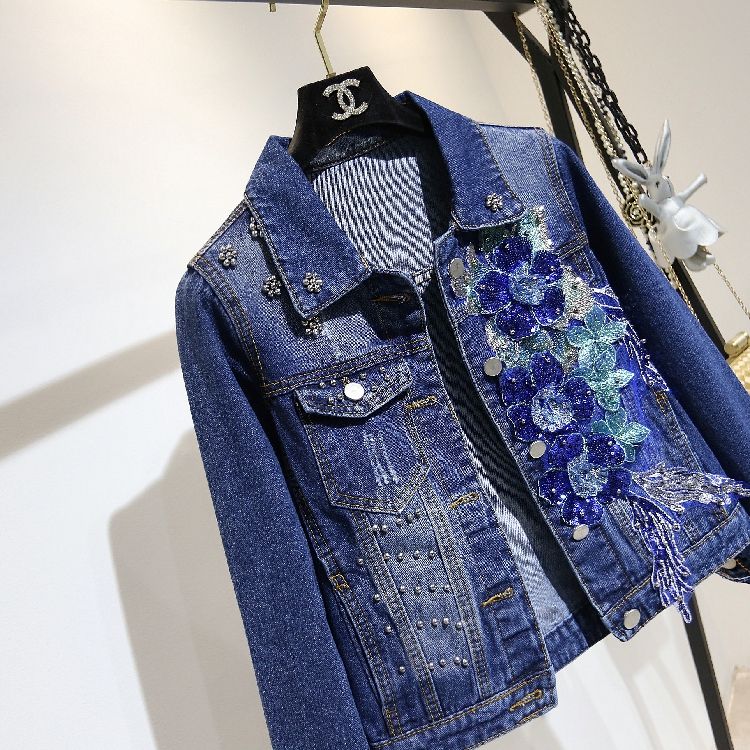 O216 Blue Heavy Denim Coat Embroidered Flower Nail Bead Joke