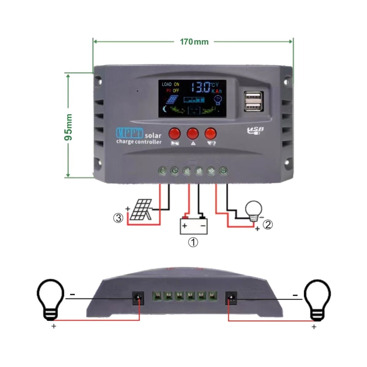 12V 24V MPPT Solar Charging Controller Smart Display Dual USB Voltage Stabilizing Controller Protection20A