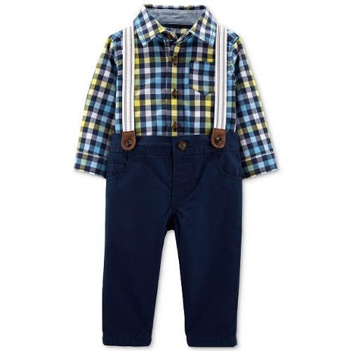 Baby Boy Plaid Cotton Shirt, Trouser Pant & Suspender Set