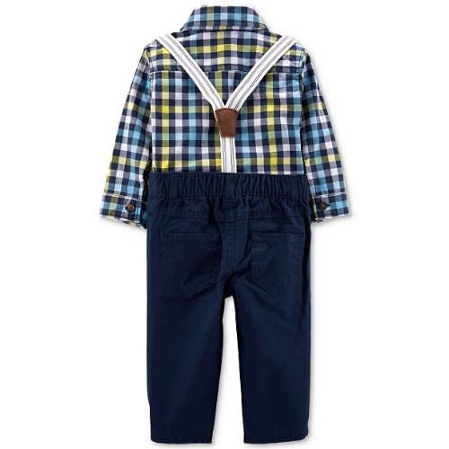 Baby Boy Plaid Cotton Shirt, Trouser Pant & Suspender Set