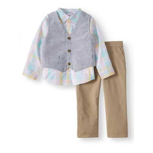 Boys Suit With Shirt, Button Down Vest & Pant Set
