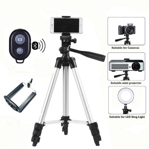 Aluminum 3110 Tripod Stand + Phone Clip & Bag + Bluetooth Remote Shutter
