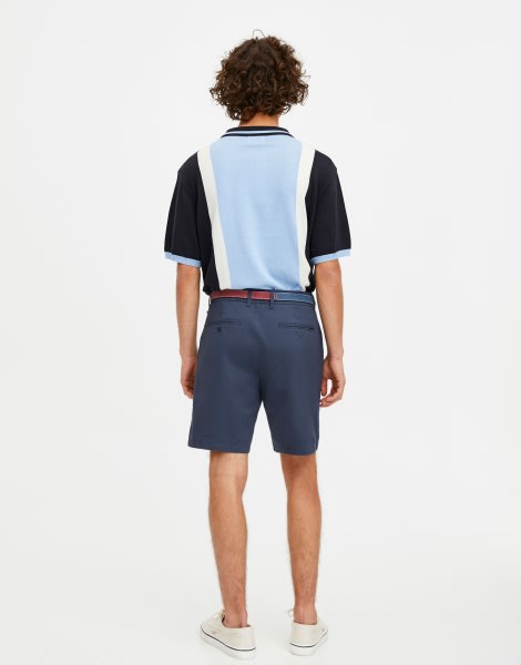Chino Bermuda Shorts With Belt In Blue- Blue