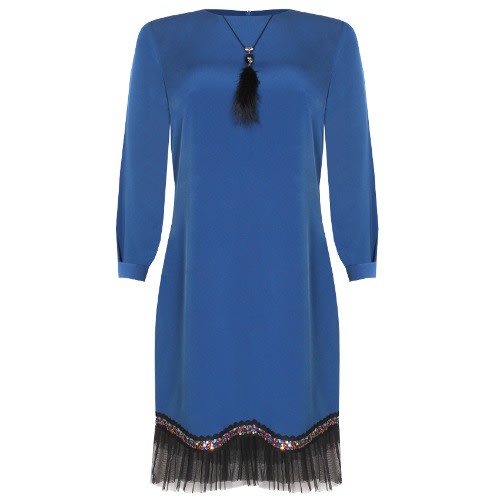 Blue Multicolour Sequins Long Sleeve Necklace Shift Dress