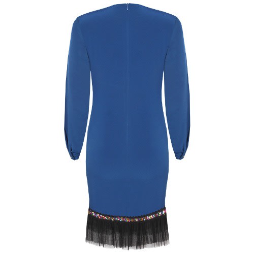 Blue Multicolour Sequins Long Sleeve Necklace Shift Dress