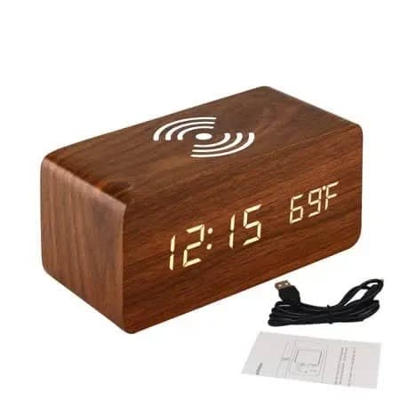 Wooden Wireless Charging Pad With Led Digital Clock