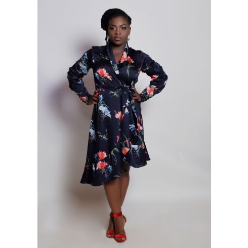 Slanted Cuffed Sleeve Wrap Dress