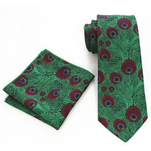 Peacock Feathers Pattern Necktie With Handkerchief Set For Men - Green