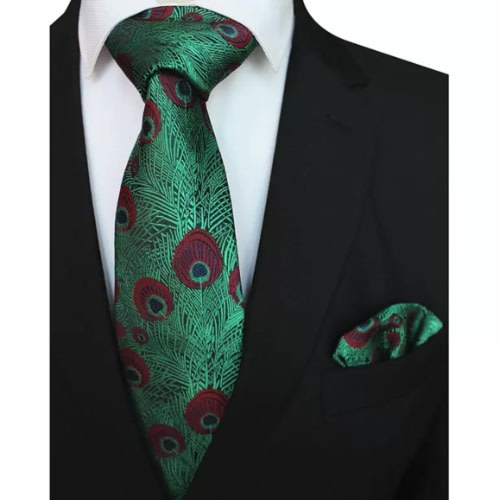 Peacock Feathers Pattern Necktie With Handkerchief Set For Men - Green